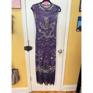 Vivienne Tam Purple Dragon Mesh Maxi Dress Sleeveless Print Size 0/XS